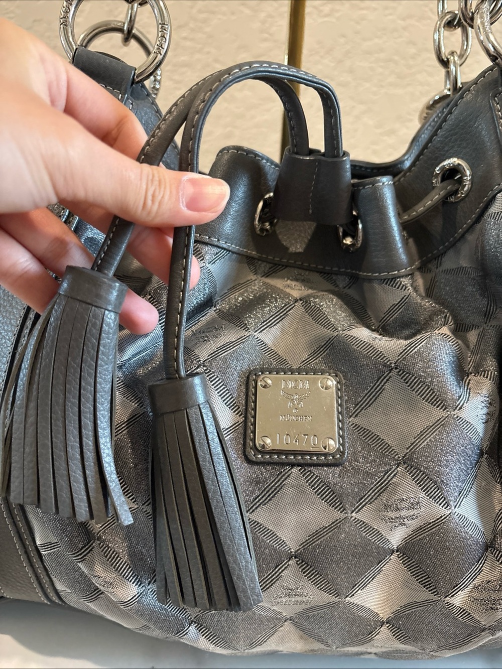 MCM Gray Drawstring Tote Bag with Chain Handle - Picture 2 of 16